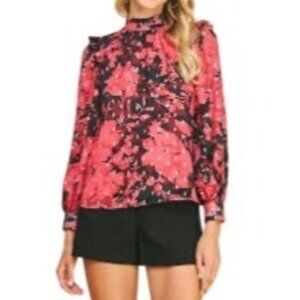 Pinch Top Size Small‎ Jacquard Print Red Floral Long Sleeve Blouse Ruffle